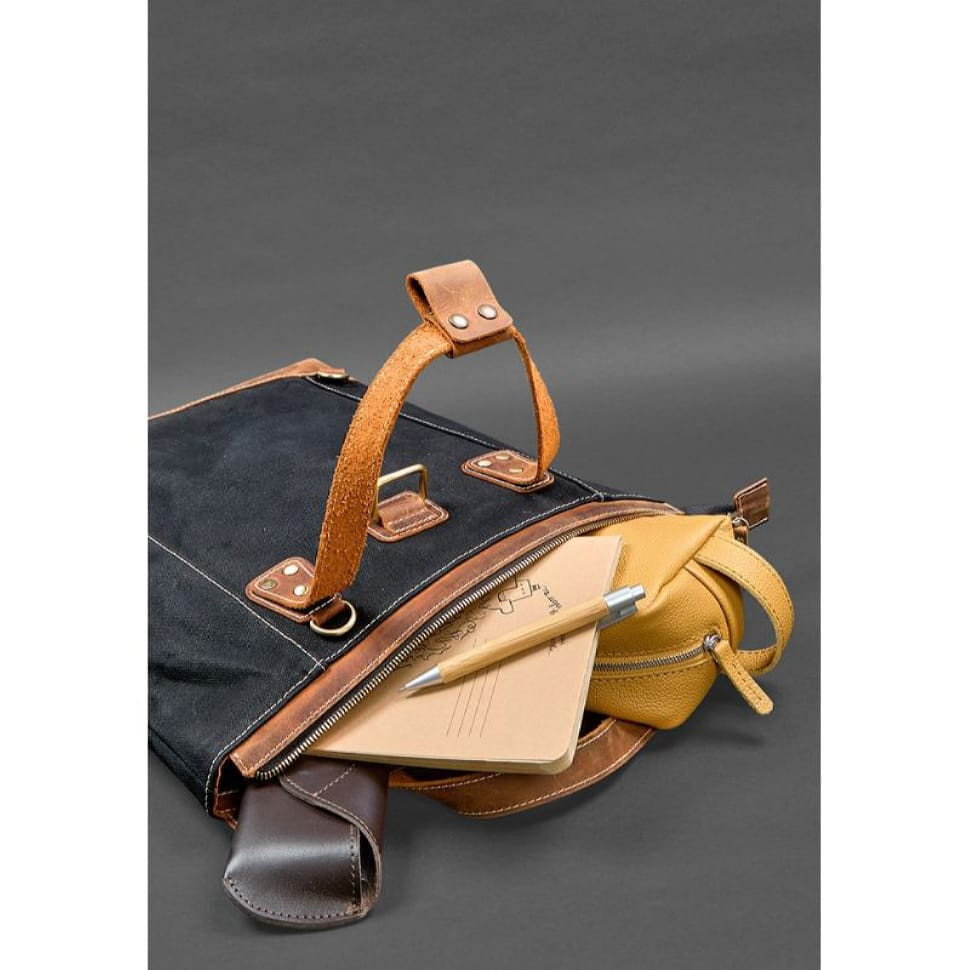 Backpack bag made of canvas and genuine light brown leather