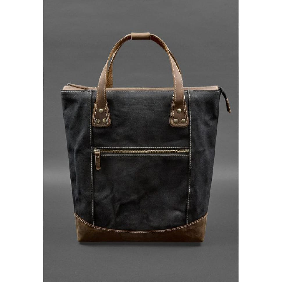 Backpack bag made of canvas and genuine dark brown leather