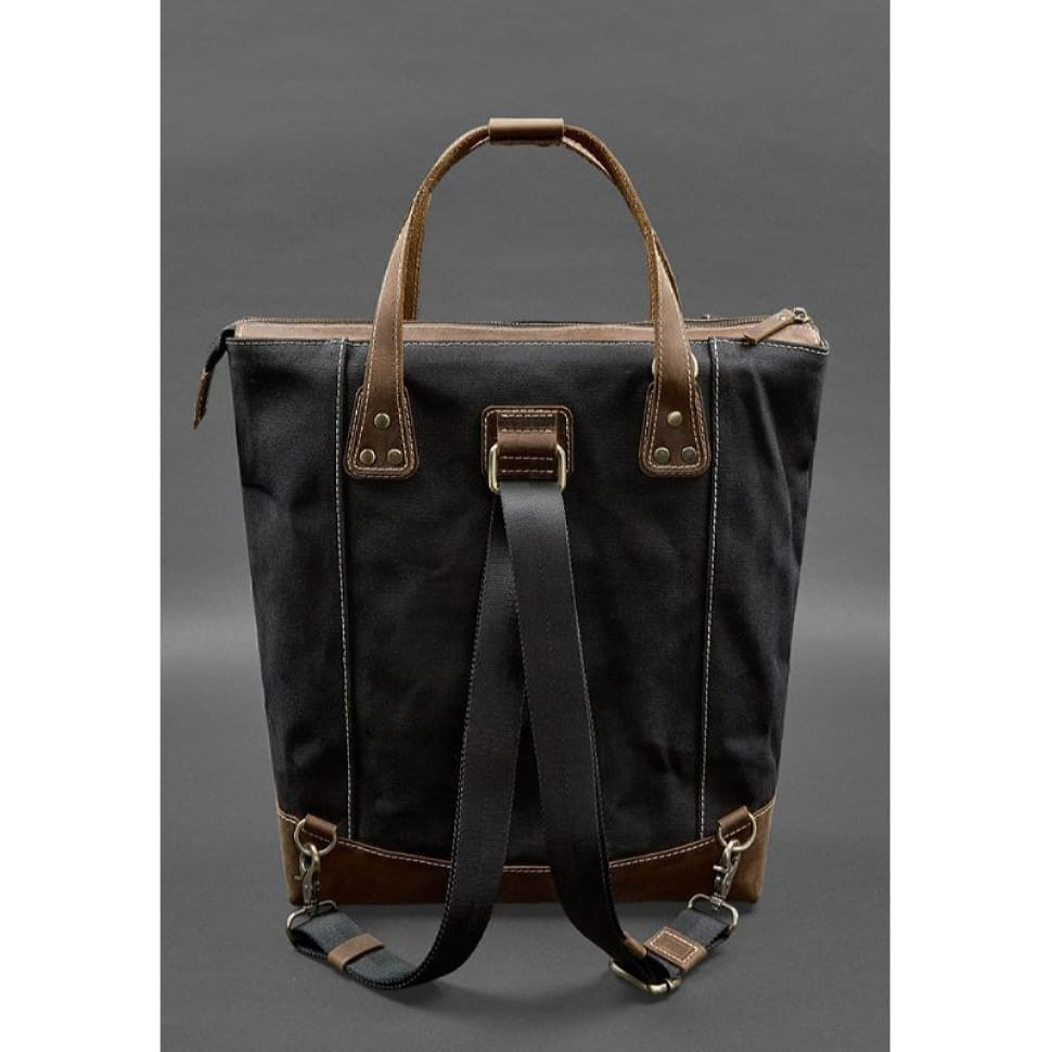 Backpack bag made of canvas and genuine dark brown leather