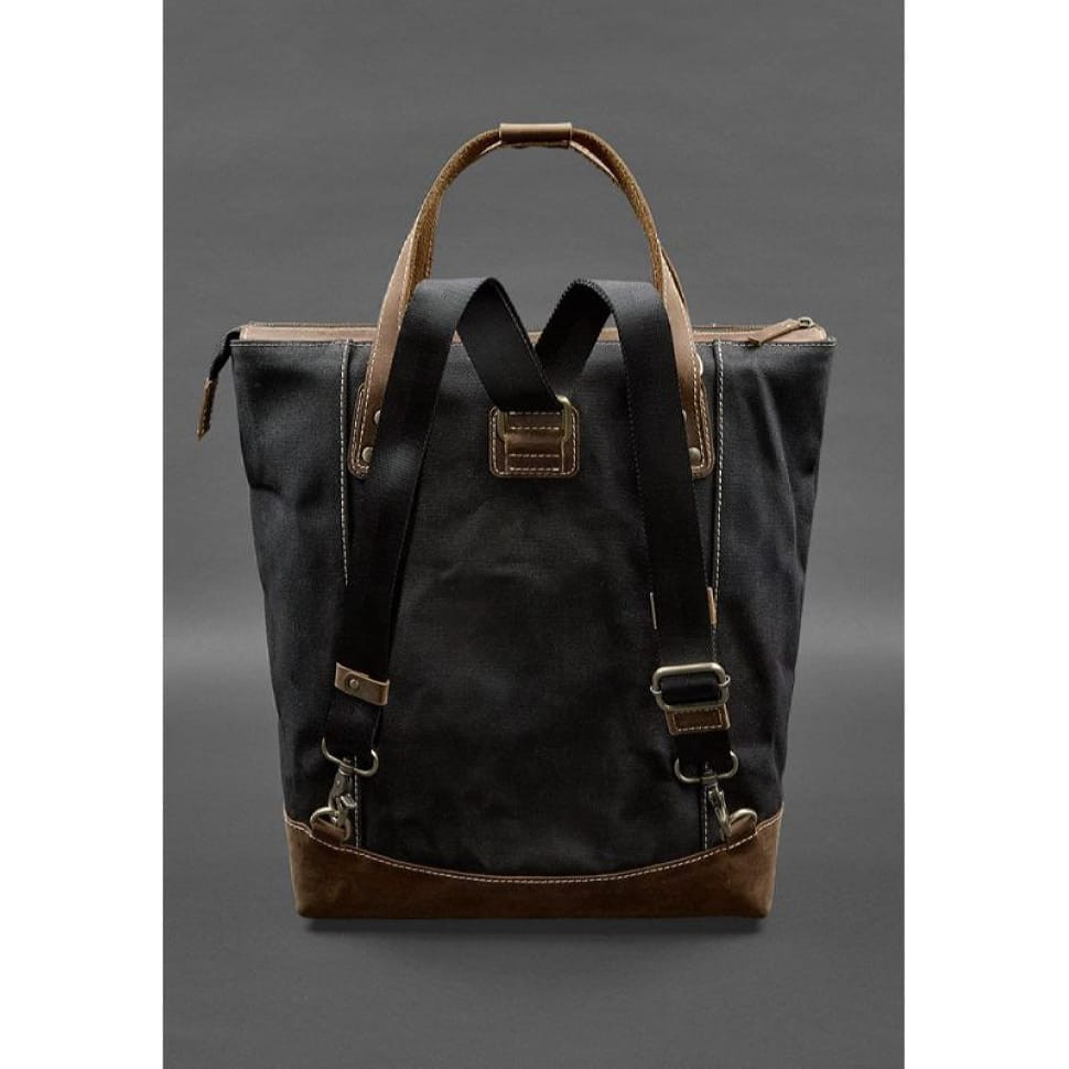 Backpack bag made of canvas and genuine dark brown leather