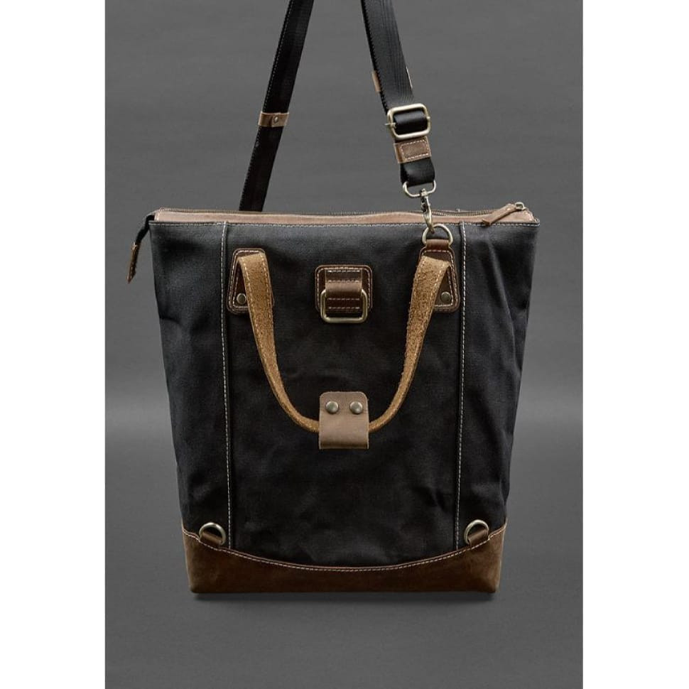 Backpack bag made of canvas and genuine dark brown leather
