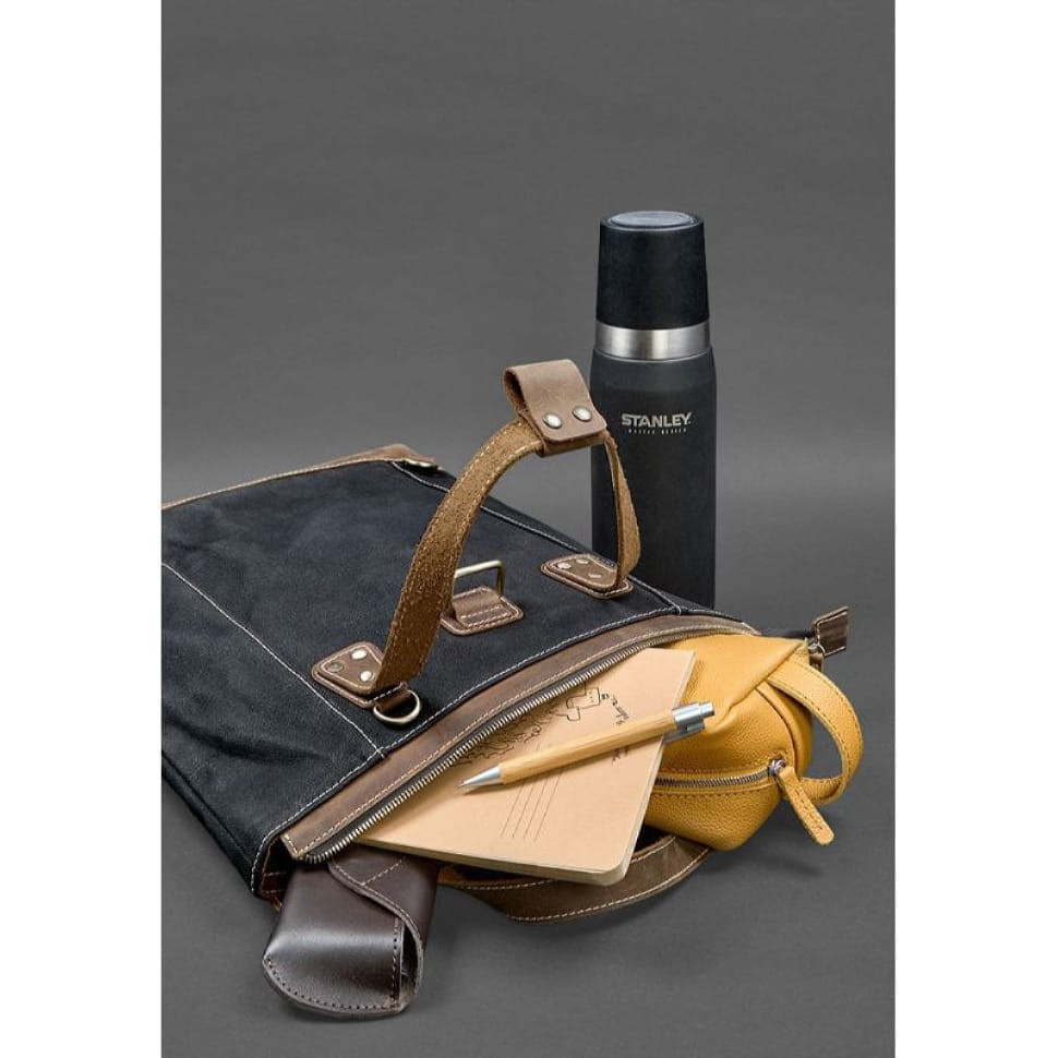 Backpack bag made of canvas and genuine dark brown leather
