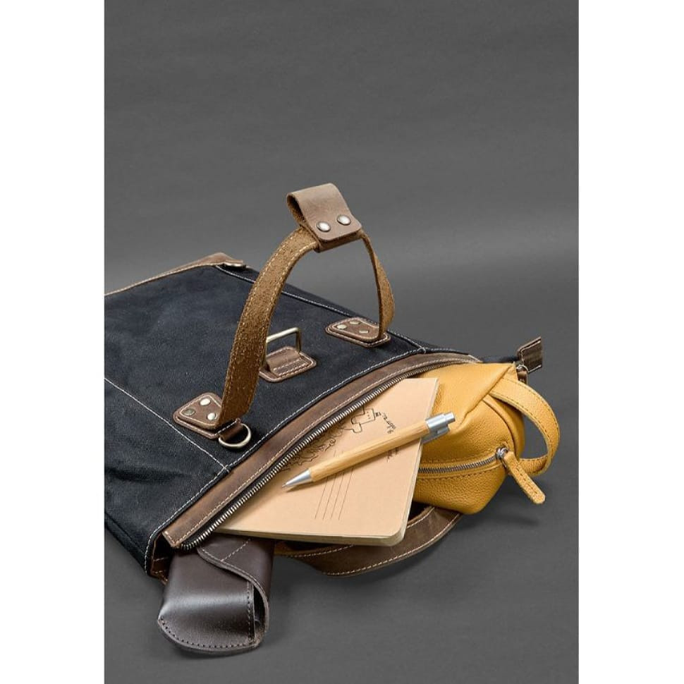 Backpack bag made of canvas and genuine dark brown leather