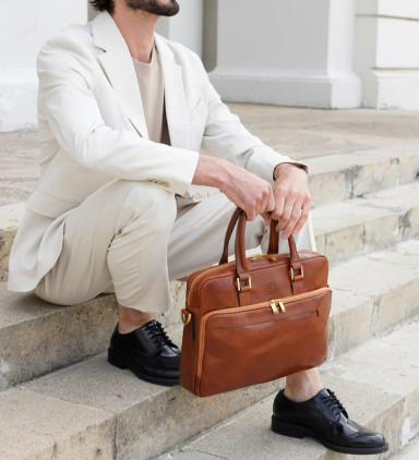 Leather Briefcase Laptop Bag - Orlando - Cognac Brown color  - Time Resistance 5242001