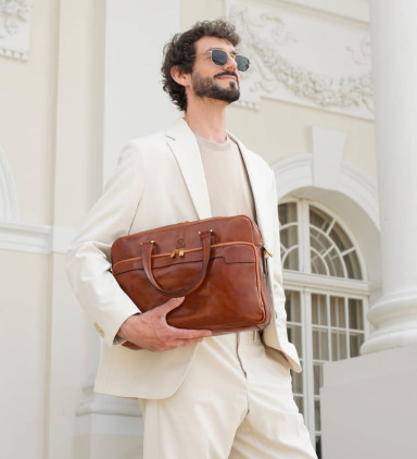 Leather Briefcase Laptop Bag - Orlando - Cognac Brown color  - Time Resistance 5242001