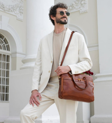 Leather Briefcase Laptop Bag - Orlando - Cognac Brown color  - Time Resistance 5242001