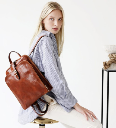 Womens Convertible Leather Backpack Shoulder Bag - Clarissa - Cognac Brown Time Resistance 5185301