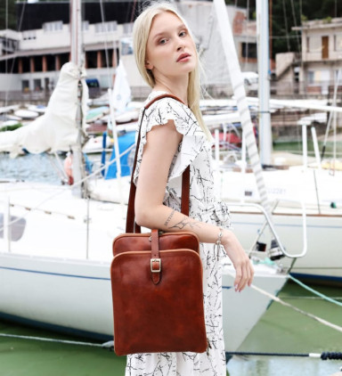 Womens Convertible Leather Backpack Shoulder Bag - Clarissa - Cognac Brown Time Resistance 5185301