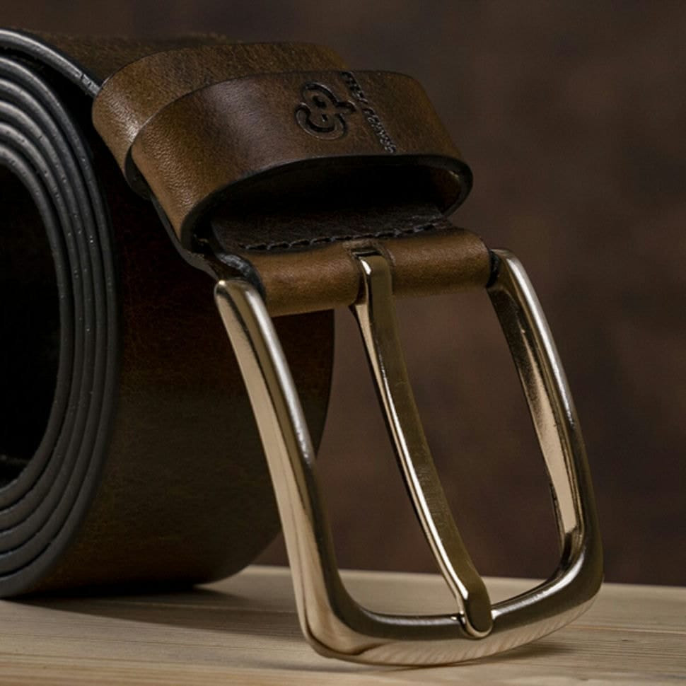 Чоловічий ремень з круглою сріблястою пряжкою Grande Pelle 11273 Сіро-коричневий