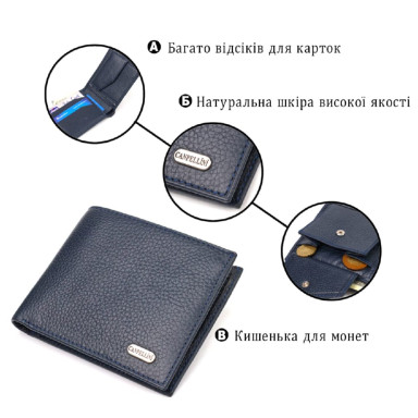 Горизонтальне чоловіче портмоне із натуральної зернистої шкіри CANPELLINI 21776 Синє