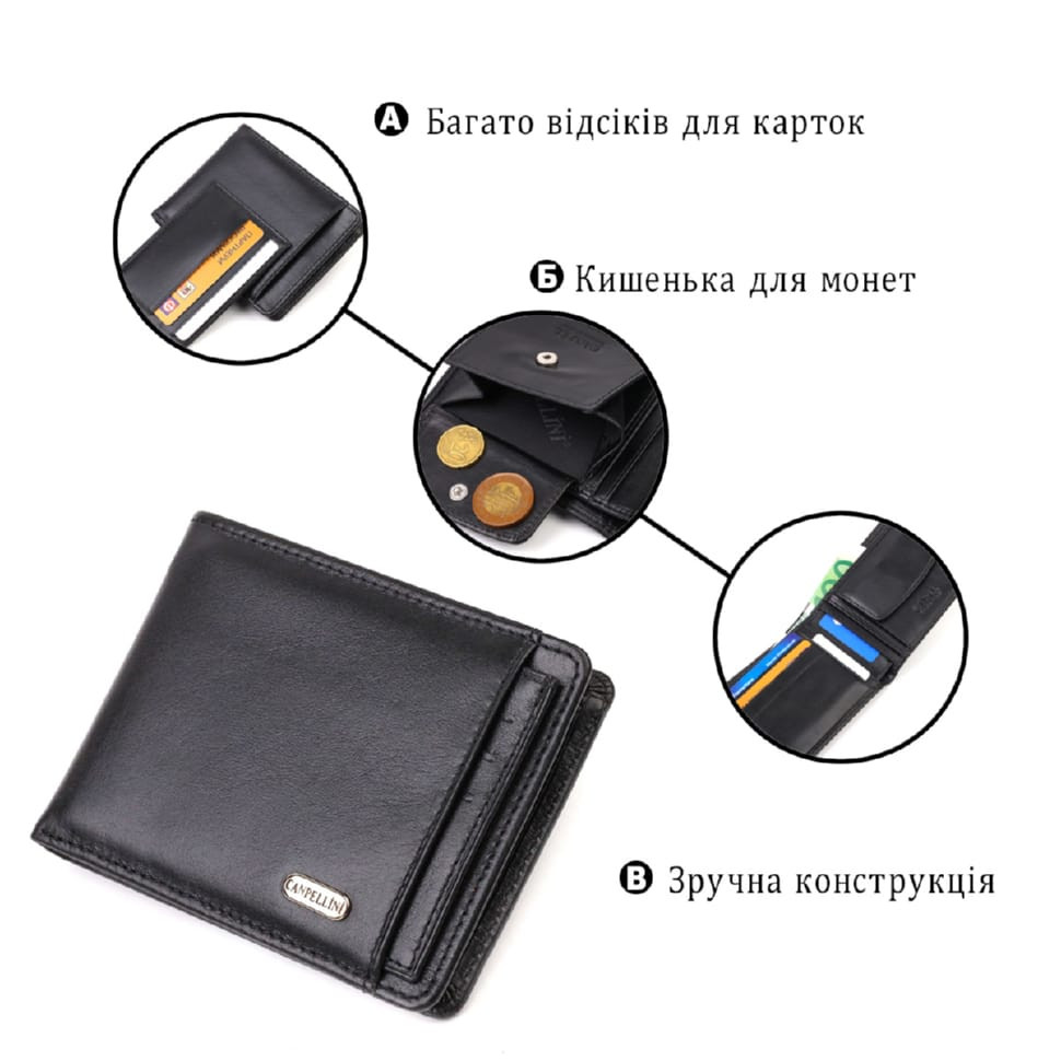 Практичний компактний гаманець із вкладишем для посвідчення для чоловіків з натуральної гладкої шкіри CANPELLINI 21876 Чорний