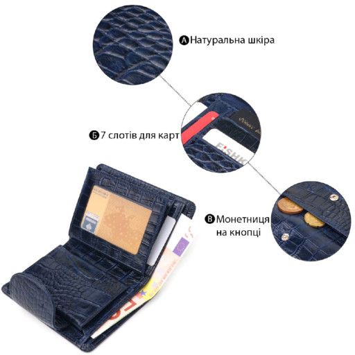 Практичний вертикальний жіночий гаманець із натуральної шкіри з тисненням під крокодила CANPELLINI 21677 Синій