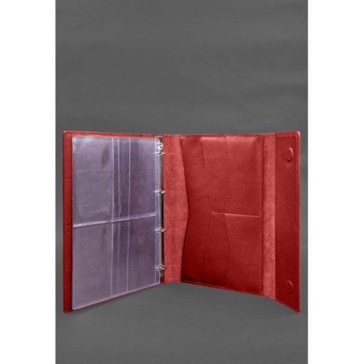 Шкіряна папка для документів "Сімейна" А4 на сегрегаторі з файлами червоний