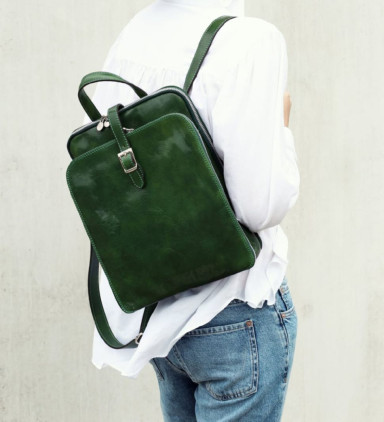 Womens Convertible Leather Backpack Shoulder Bag - Clarissa - Green Time Resistance 5203501
