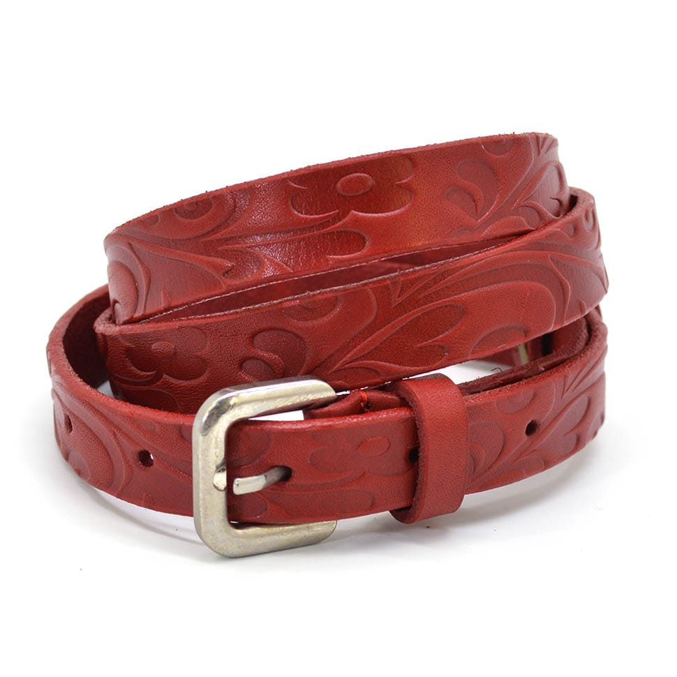 Тонкий червоний жіночий ремінь з тисненням Маки Limary Lim-243R 15мм