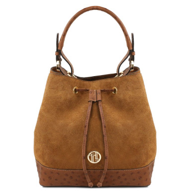 Ostrea Suede and ostrich-effect printed leather bucket bag