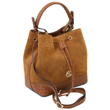 Ostrea Suede and ostrich-effect printed leather bucket bag