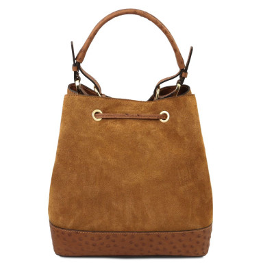Ostrea Suede and ostrich-effect printed leather bucket bag