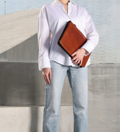 Womens Leather Portfolio with Binder - Joy in the Morning -  Cognac Brown color -  Time Resistance 5246501W