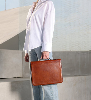 Womens Leather Portfolio with Binder - Joy in the Morning -  Cognac Brown color -  Time Resistance 5246501W