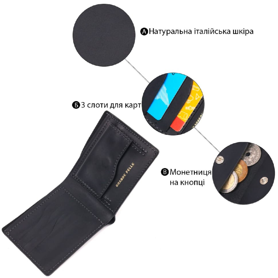 Матове шкіряне портмоне у дві складення Серце GRANDE PELLE 16733 Чорний