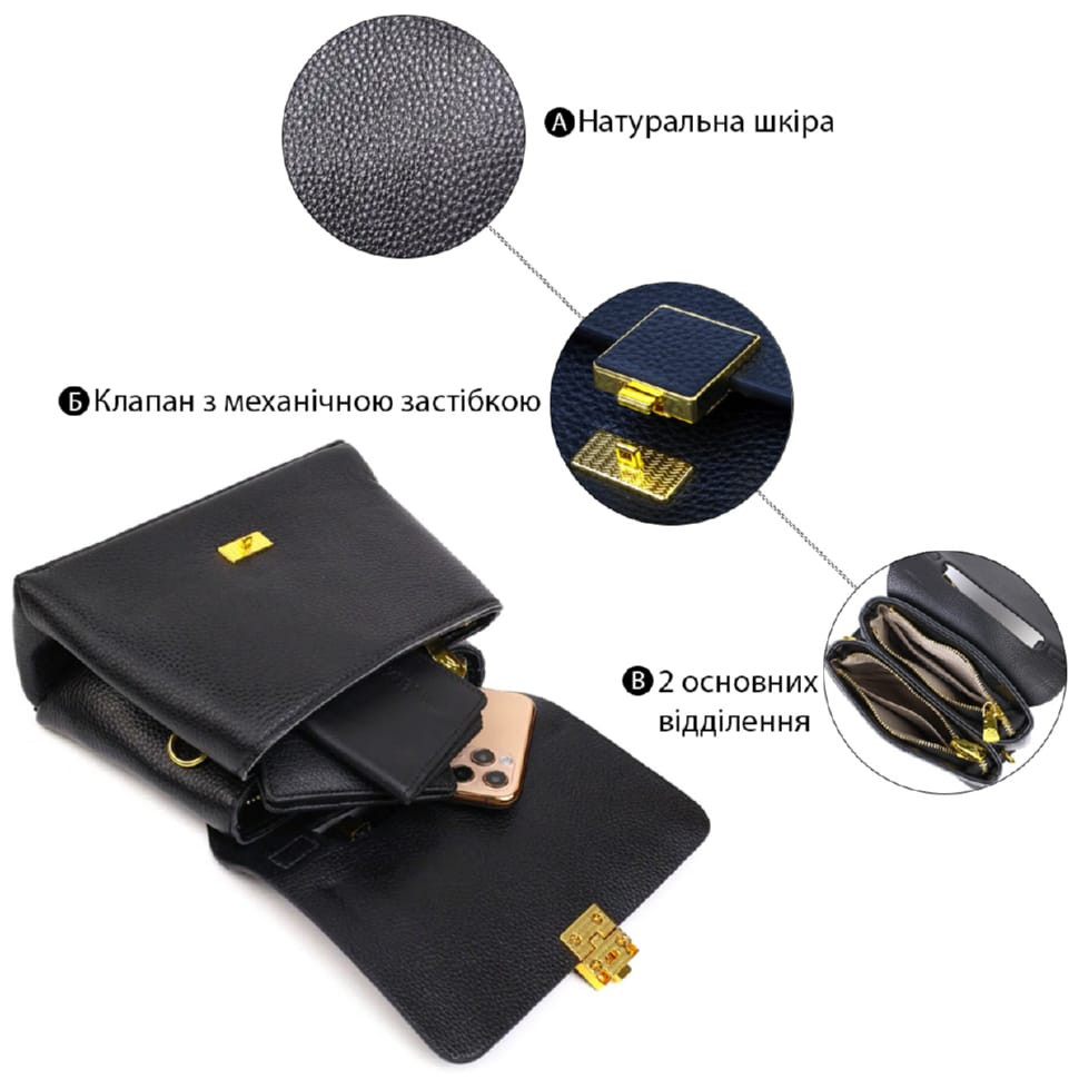 Жіноча стильна сумка з натуральної шкіри 22074 Vintage Чорна