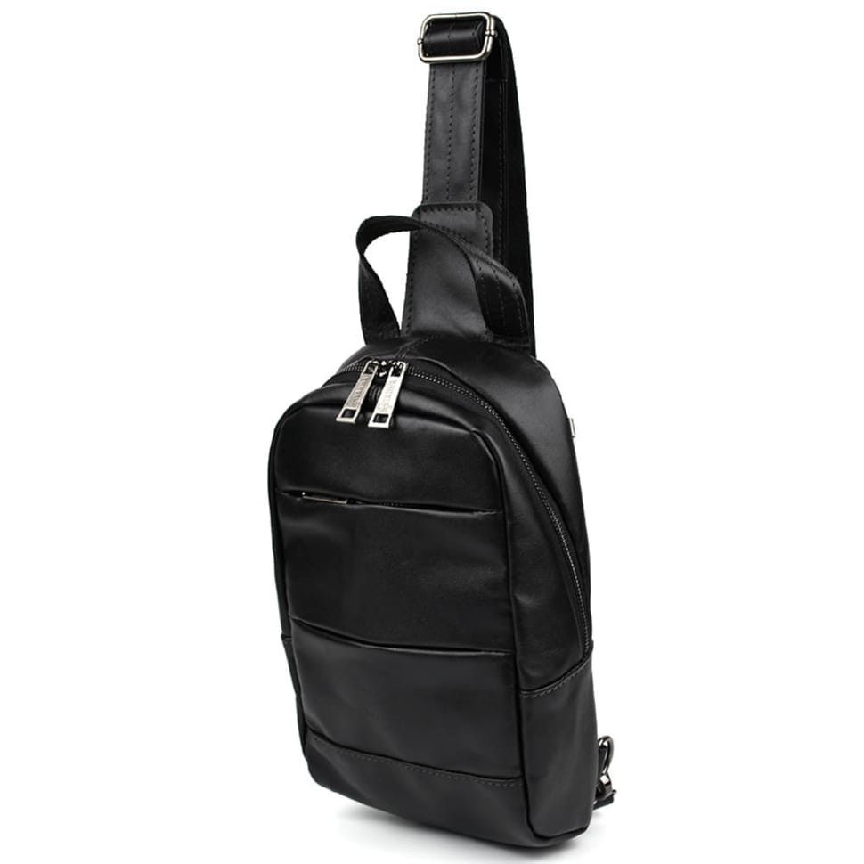 Leather sling backpack with pockets TARWA GA-6010-3md black Nappa