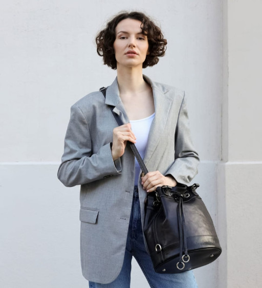 Шкіряна сумка-відро для жінок - Light In August - Чорний колір - Time Resistance 5231401