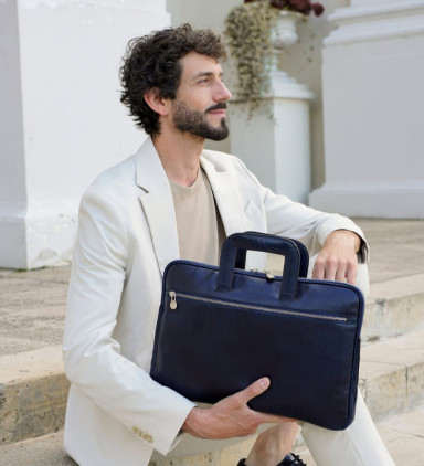 Leather Briefcase Laptop Bag - Brave New World - Blue color - Time Resistance 5229901