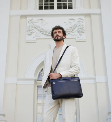 Leather Briefcase Laptop Bag - Brave New World - Blue color - Time Resistance 5229901