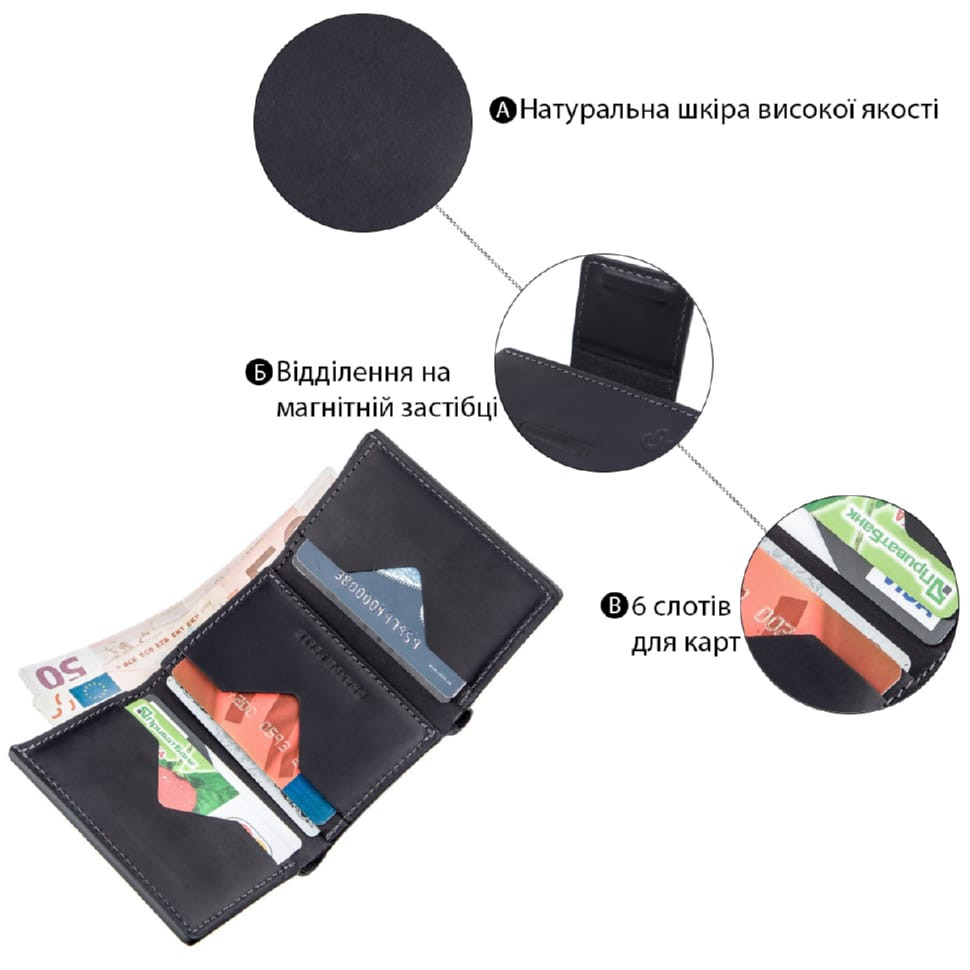 Добротне шкіряне портмоне з вінтажної шкіри в дві додавання Слава ЗСУ GRANDE PELLE 16734 Чорний