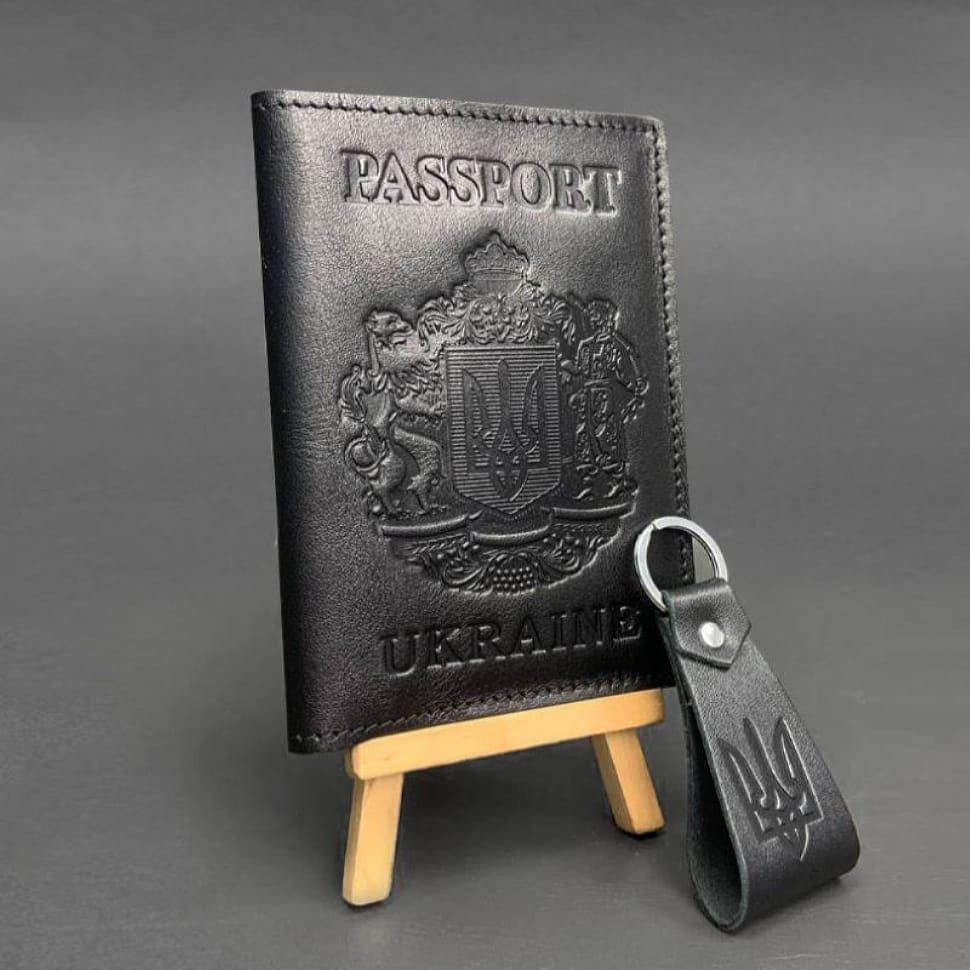 Подарунковий набір шкіряних аксесуарів з українською символікою чорний краст