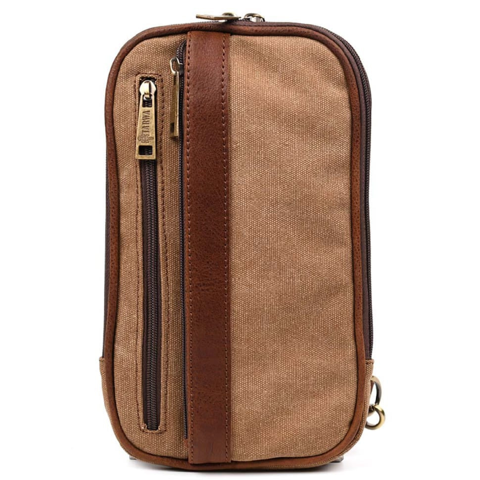 Mens sling backpack made of canvas and leather TARWA GBc-1537-4lx