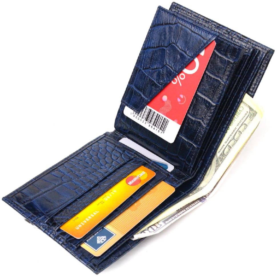 Стильний гаманець для чоловіків у дві складення з натуральної фактурної шкіри з тисненням під крокодила CANPELLINI 21580 Синій