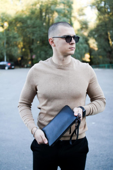 Leather clutch made of genuine grained leather SKILL (black)