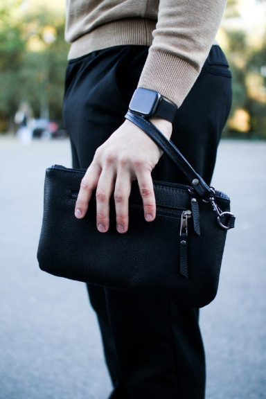 Leather clutch made of genuine grained leather SKILL (black)