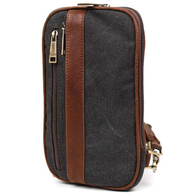 Mens sling backpack made of canvas and leather TARWA GBg-1537-4lx