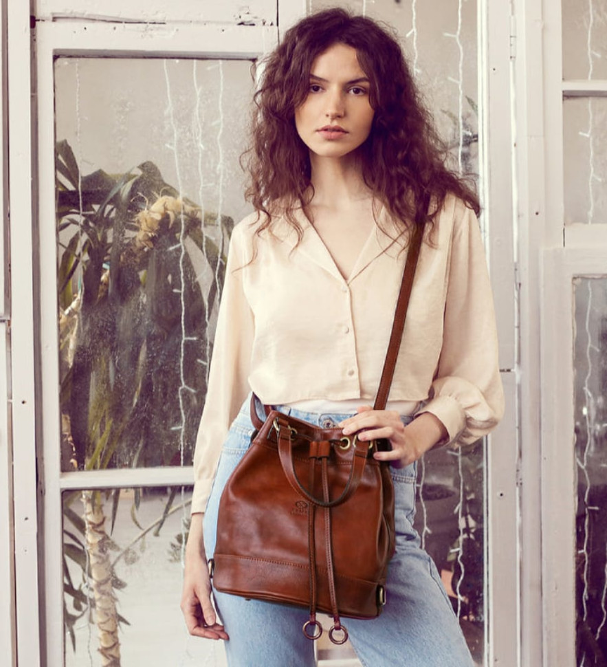 Шкіряна сумка-відро для жінок - Light In August - Коньячно-коричневий матовий колір - Time Resistance 5215201