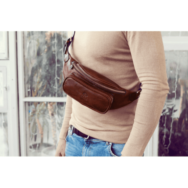Leather Sling Bag Belly Bag - Independent People - Cognac Brown Time Resistance 5215801