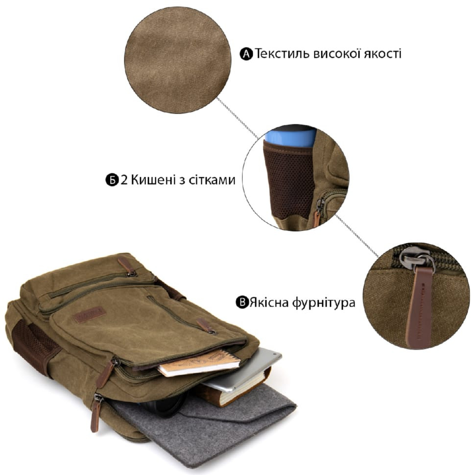 Рюкзак текстильний дорожній унісекс на два відділення Vintage 20612 Зелений