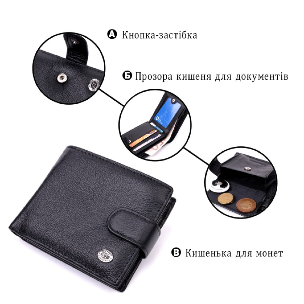 Классическое портмоне для мужчин с блоком для карт из натуральной кожи ST Leather 19473 Черное