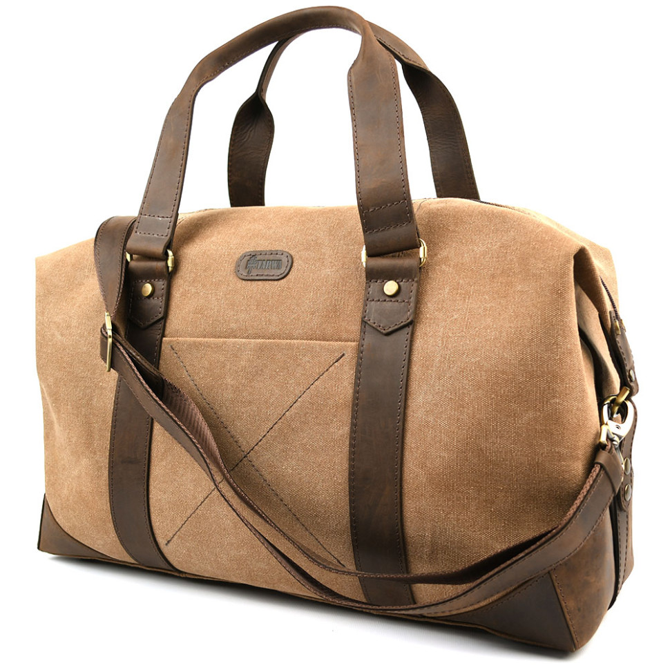 Travel sports bag TARWA RCc-0320-4lx made of coffee canvas and crazy horse leather