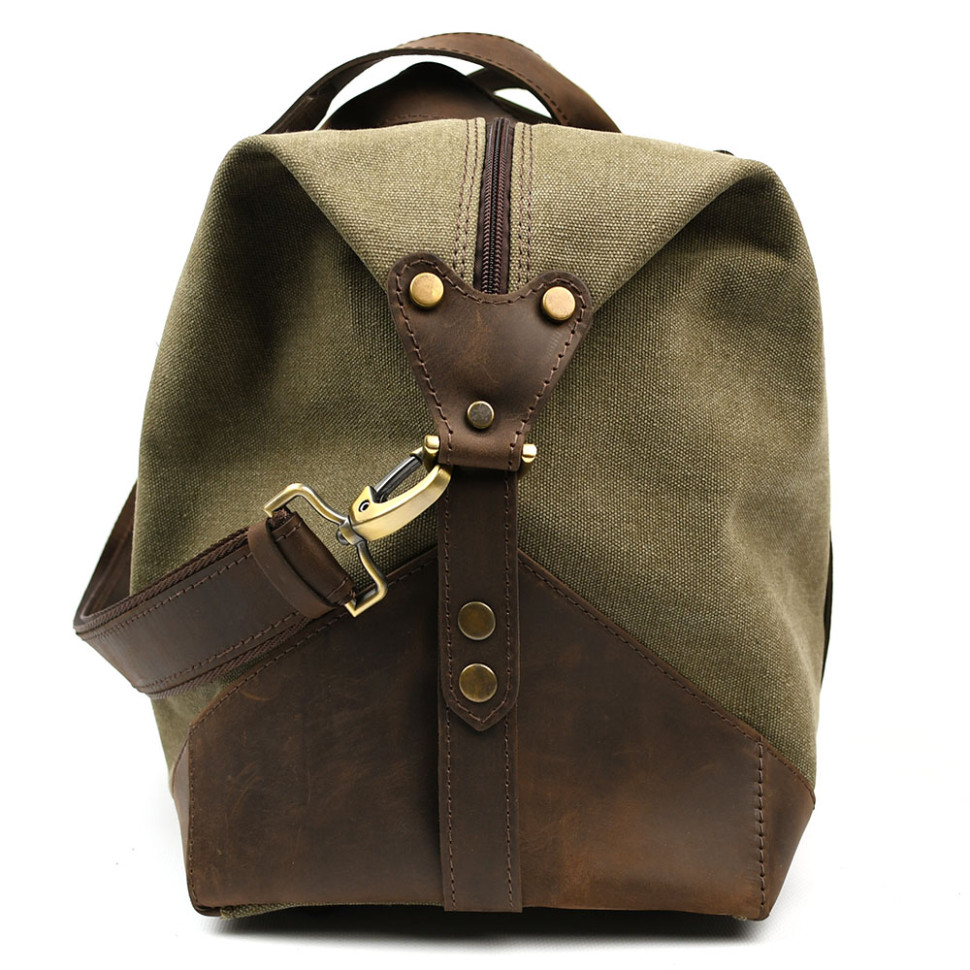 Travel sports bag TARWA RCh-0320-4lx made of khaki canvas and crazy horse leather
