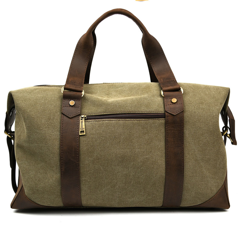 Travel sports bag TARWA RCh-0320-4lx made of khaki canvas and crazy horse leather
