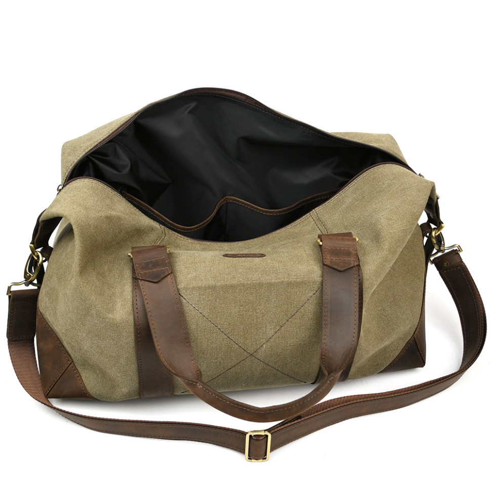 Travel sports bag TARWA RCh-0320-4lx made of khaki canvas and crazy horse leather