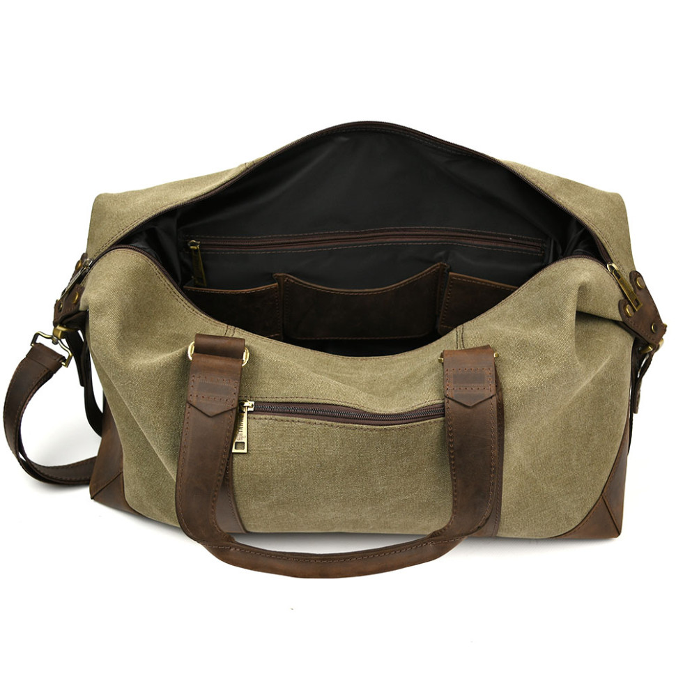 Travel sports bag TARWA RCh-0320-4lx made of khaki canvas and crazy horse leather