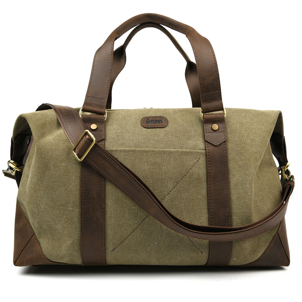 Travel sports bag TARWA RCh-0320-4lx made of khaki canvas and crazy horse leather