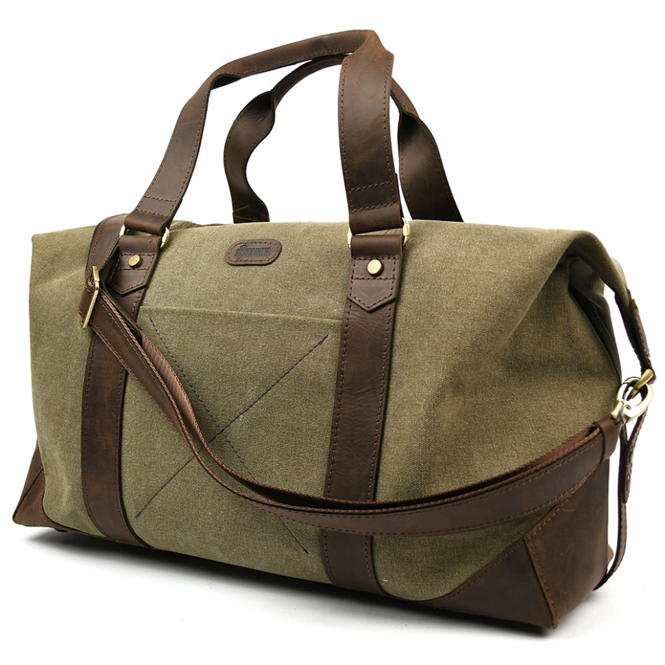 Travel sports bag TARWA RCh-0320-4lx made of khaki canvas and crazy horse leather