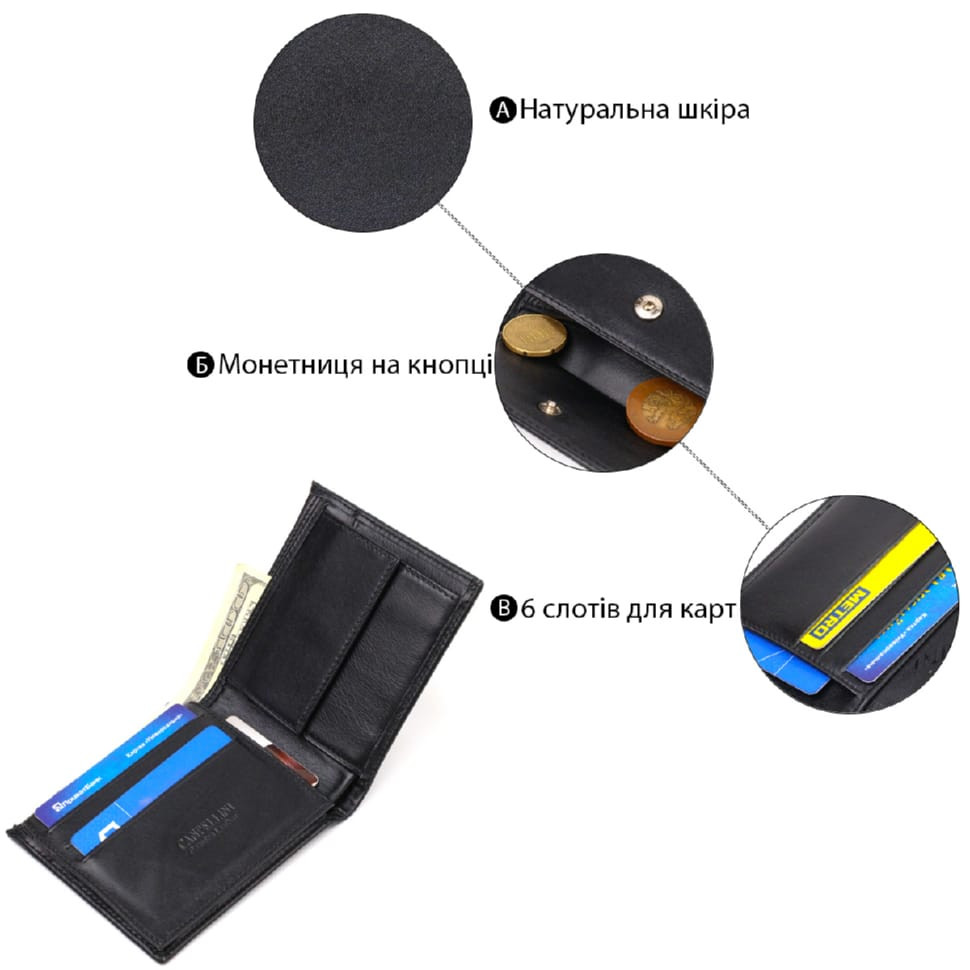 Класичне чоловіче портмоне з натуральної гладкої шкіри CANPELLINI 21786 Чорне