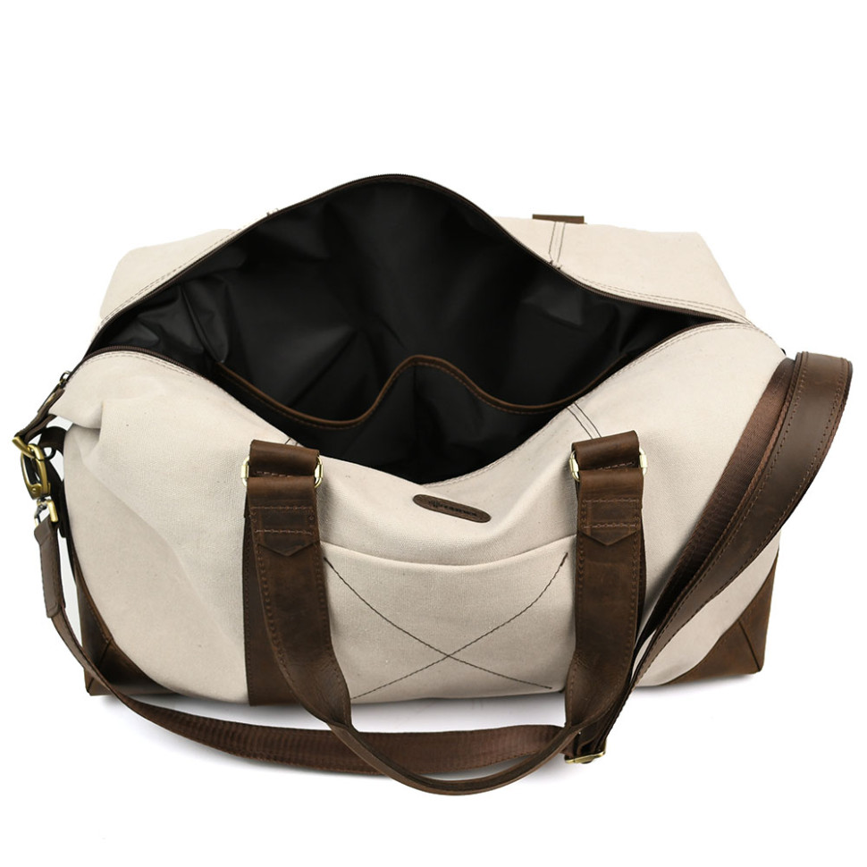 Travel sports bag TARWA RCj-0320-4lx made of beige canvas and crazy horse leather